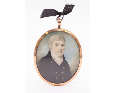 English School (19th Century) Portrait of a Gentleman, blue coat, white cravat  oval, 6.5cm, gilt metal frame with braided ha