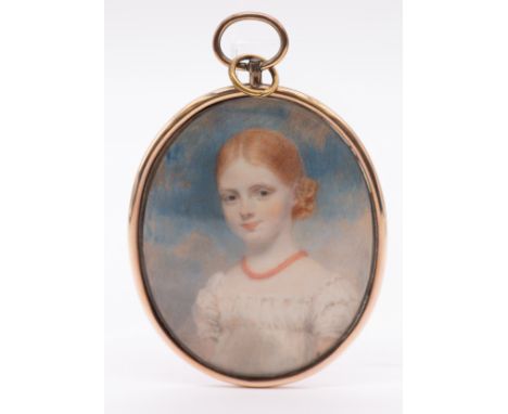 19th Century English School in the manner of Cosway  Portrait miniature of a Girl, white dress with gold rope twist necklace 