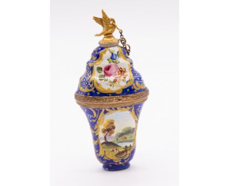 An 18th Century Bilston enamel gilt metal mounted combination scent bottle and bonbonniere, circa 1770, the dark blue body pa