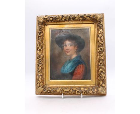 Continental School (19th Century) Portrait of a Lady wearing black hat, blue shawl oil on panel, 17 x 13cm signed indistinctl
