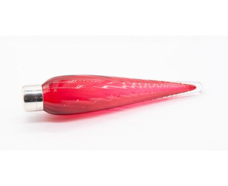 An Edwardian silver mounted ruby glass wyvern fluted tapering / tear drop shaped scent bottle, with plain silver collar and h
