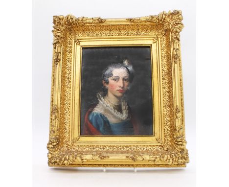 French School (19th Century) Portrait of a Lady blue dress, white ruff, double strand pearl necklace oil on paper laid on boa