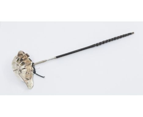 A George II silver toddy ladle, scalloped bowl, ebonised twist handle, the underside engraved TWM., the bowl hallmarked by I.