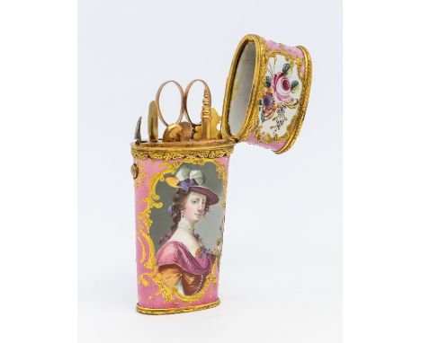 A South Staffordshire gilt metal mounted enamel etui, circa 1770, tapering body with oval section, the pink ground decorated 