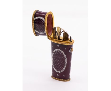 A South Staffordshire gilt metal mounted enamel etui, circa 1780, tapering body with oval section, the plum coloured ground o