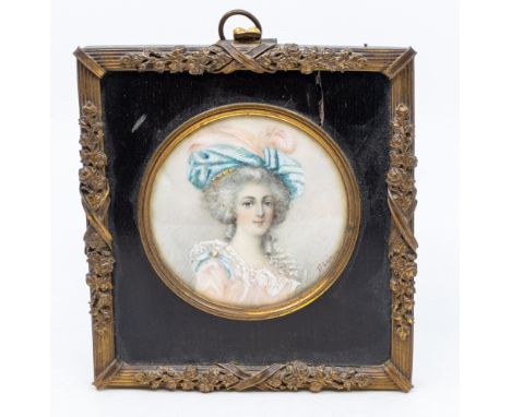 French School (19th Century) Portrait miniature of a Lady, powdered hair, blue headdress with plumes rondo, signed Dlea? lowe