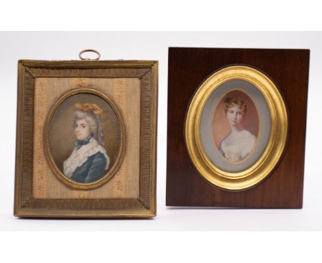 English School (19th Century) Portrait miniature of a Lady with curled hair wearing white dress and blue shawl, oval, 7cm lon