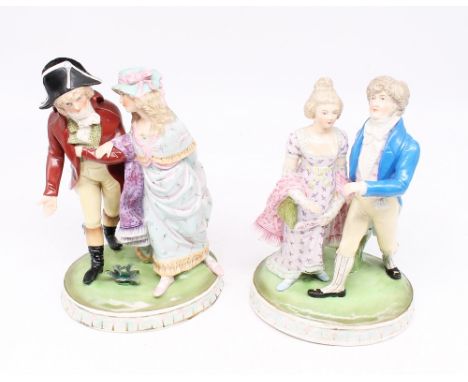 A Roth porcelain 20th century figure of a couple, on an oval base, the gentleman wearing a red overcoat and black nautical ha