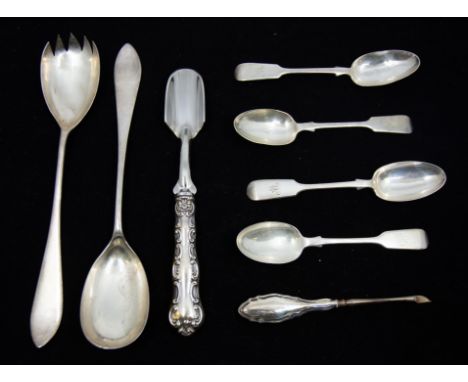 A small quantity of silver flatware to include; an American sterling silver stylised handled stainless steel stilton scoop, b