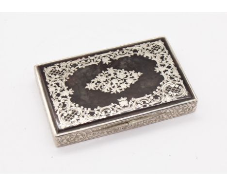A 19th Century Continental silver and tortoiseshell rectangular snuff box and cover, the sides engraved with scrolling foliag