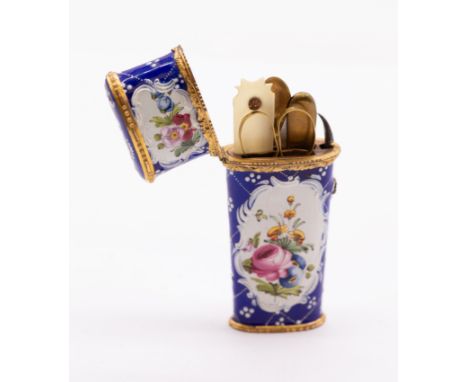 A South Staffordshire gilt metal mounted enamel etui, circa 1780, tapering body with oval section, the entire cobalt blue gro