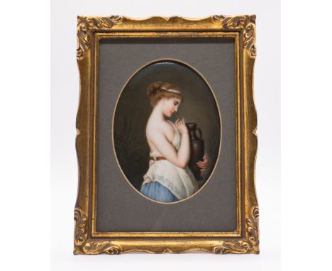 A late 19th Century Continental School probably German oval porcelain plaque, painted with a portrait of a Classical Lady hol