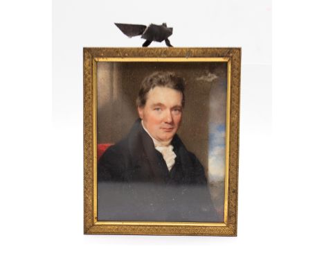 English School (19th Century) Portrait miniature of a Gentleman, three-quarter length seated ivory, 9.5 x 7.5cm, gilt framed 