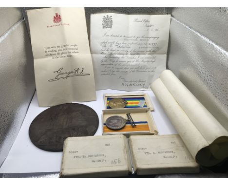 Two First World War medals Posthumously awarded to 31973 PTE.S.Edelstone.Manch R. With memorial plaque and Royal letter of co