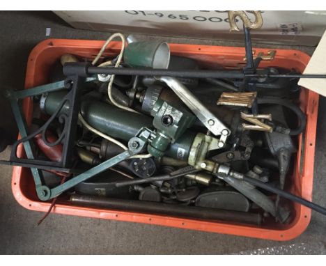 A crate containing vintage car parts a Vintage industrial Angle poise lamp and a weather vain.