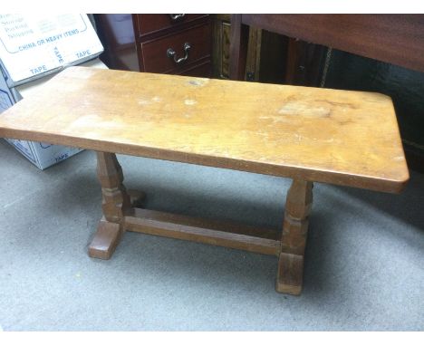 A Robert Mouseman Thompson carved oak occasional table, approx 91cm x 37cm x 45.5cm.