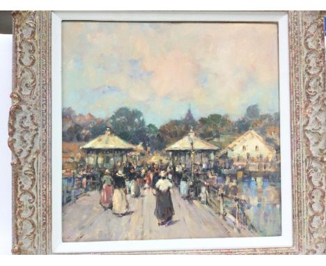 An oil on board by Ken Mooney of figures on a busy promenade, approx 46cm x 46cm. Shipping category D