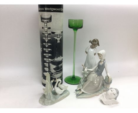 A boxed Wedgwood modern design glass candle holder and some Lladro and Nao items. Shipping category D. NO RESERVE