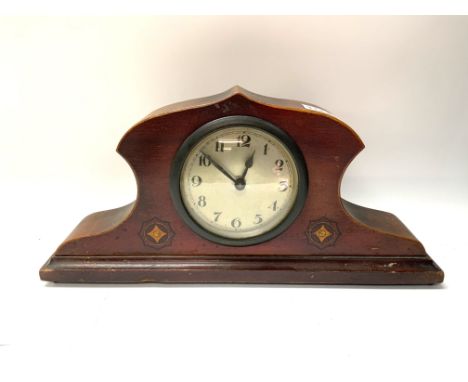 A mahogany mantle clock with art nouveau painted decoration. 37 x 17.5cm. (D) NO RESERVE