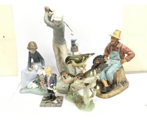 A collection of porcelain figures including Goebel birds, Royal Doulton Thanksgiving, Nao, Lladro golfer etc. Signs of restor