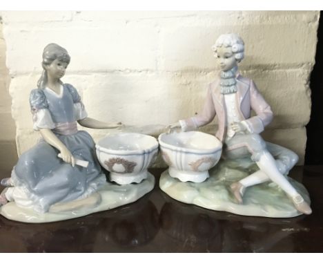 A pair of Lladro figures of a boy and girl seated with large Jardinere, a Lladro cobbler figure and a Lladro flower girl post