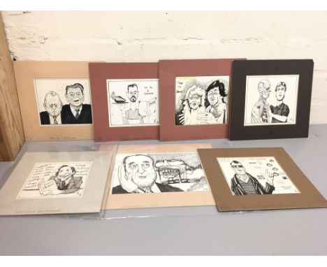 Pen sketches of political and celebrity cartoons signed by artist R. Postage cat B