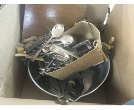 A collection of vintage kitchen items a mincer knife sharpener preserve pan and boxed and loose cutlery (a lot- NO RESERVE