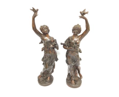 Heavy bronzed female figures signed Moreau and with gilt foundry stamps on base, approximately 40cm tall