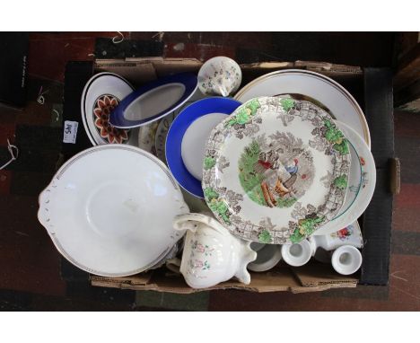 A good collection in two boxes of country house china including Staffordshire blue ground and silver lustre jug of 1860, Spod