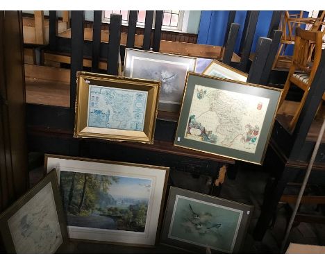 A selection of framed prints to include a nice coloured print of a 1648 map of Derbyshire behind non reflective glass, a larg