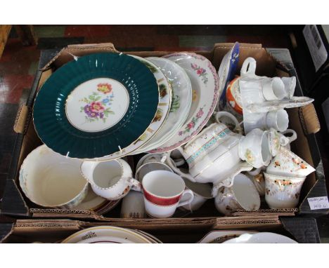 Two good boxes of country house china including teaware, decorative Victorian dessert plate, cabinet plates, tea cups, late 1