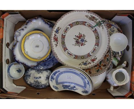 Quantity of mixed ceramics including blue and white, Masons, cups and saucers, vases, Spode, Staffordshire ware, Caltonware (