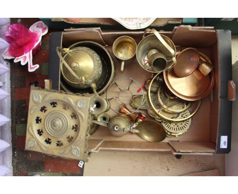 A collection of various brass ware including Turkish style lamp trivet stand, various copper, dishes, jardinière etc… in a bo