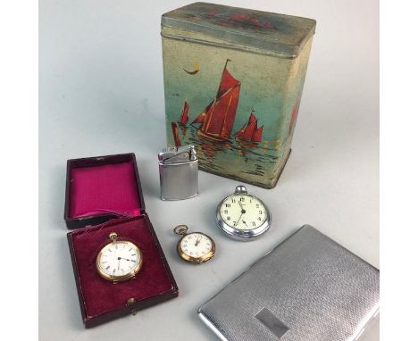LADY'S EARLY 20TH CENTURY OPEN FACE FOB WATCH, gold plated, along with a chrome pocket watch, lighter with matching cigarette