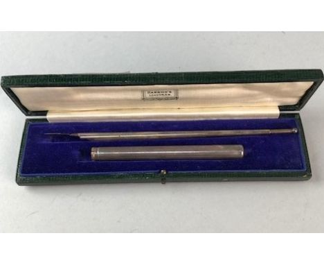 HARRODS CASED FOUNTAIN PEN AND SILVER PENCIL, along with a carved wooden box, two silver spoons and a small trinket box (5)