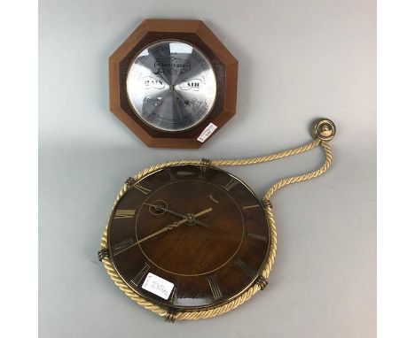MAHOGANY WALL BAROMETER, 13cm high, along with a modern wall clock