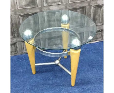 TWO ART DECO STYLE GLASS TOPPED TABLES, one a console table, 122cm wide, the other a coffee table, 66cm diameter, each with t