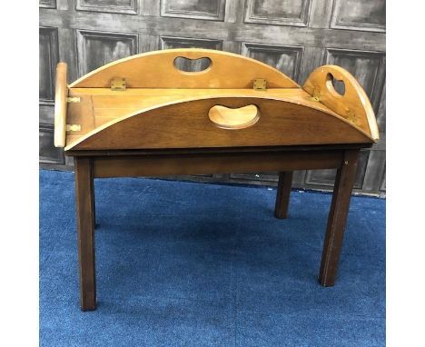 BUTLERS SERVING TRAY ON STAND, 53cm high, along with a mahogany bench, 102cm wide (2)