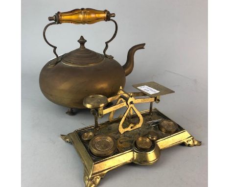 SET OF VICTORIAN BRASS POSTAL SCALES, along with a brass tea kettle