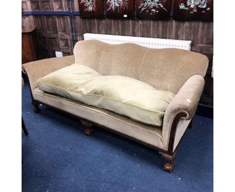 MAHOGANY THREE SEAT SOFA, upholstered in green fabric