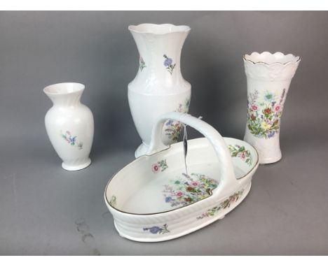 AYNSLEY CERAMIC FRUIT BASKET, 29cm long, along with a matching vase and other decorative ceramics