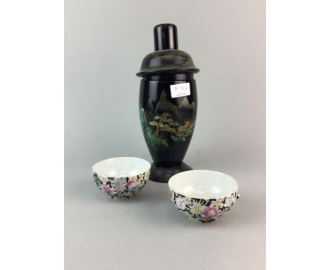 GROUP OF CHINESE ITEMS, including a lacquered cocktail shaker, ceramic bowls and a cloisonne enamel bowl decorated with drago
