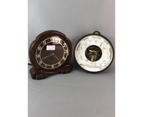WALL HANGING ANEROID BAROMETER WITH THERMOMETER, 22cm high, along with a modern mantel clock (2)