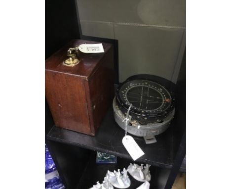 VINTAGE BRASS MICROSCOPE, in a wooden case, along with a black lacquered and grey painted compass (2)