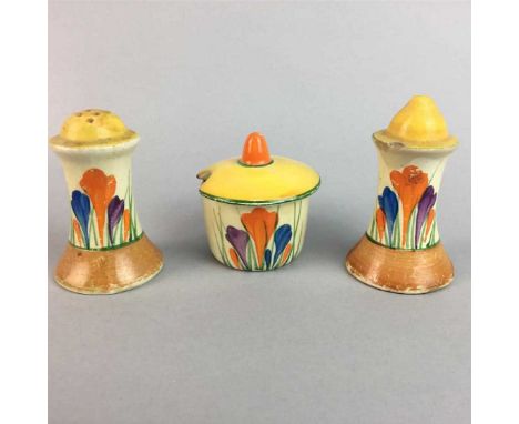 CLARICE CLIFF SALT AND PEPPER, along with a mustard pot