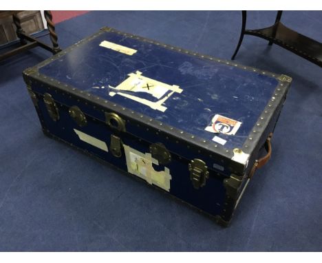 VINTAGE BRASS BOUND TRAVEL TRUNK, 92cm wide