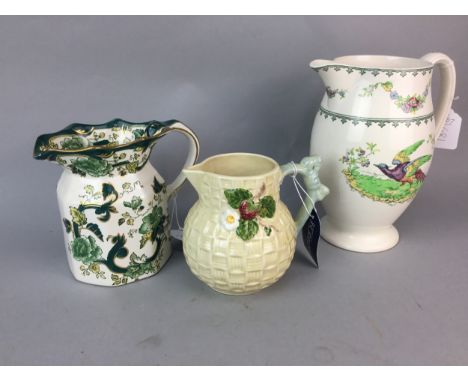 COPELAND SPODE BOWL, 21cm diameter, decorated with flowers on a black ground, along with a Copeland Spode jug, a Mason's jug 