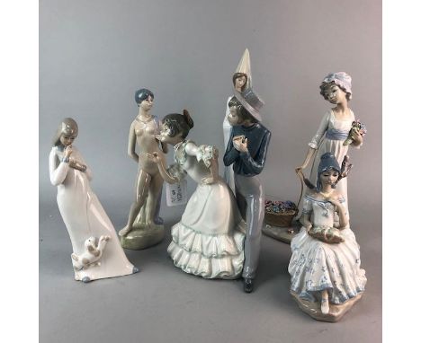 LLADRO FIGURE OF A GIRL WITH FLOWERS, along with Nao and other Spanish figures (6)