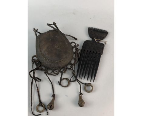 GROUP OF AFRICAN ITEMS, including a carved comb 23cm long, knife and a bell