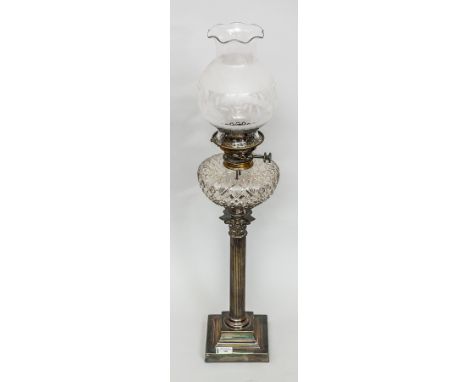 VICTORIAN SILVER PLATED CORINTHIAN COLUMN OIL LAMP
cut glass reservoir, on stepped square base, with glass shade, burner leve